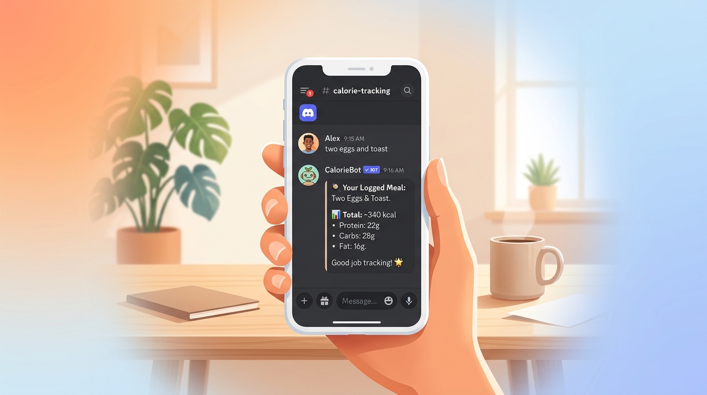 Smartphone showing a Discord conversation where CalorieBot logs a meal in one message and returns calorie totals