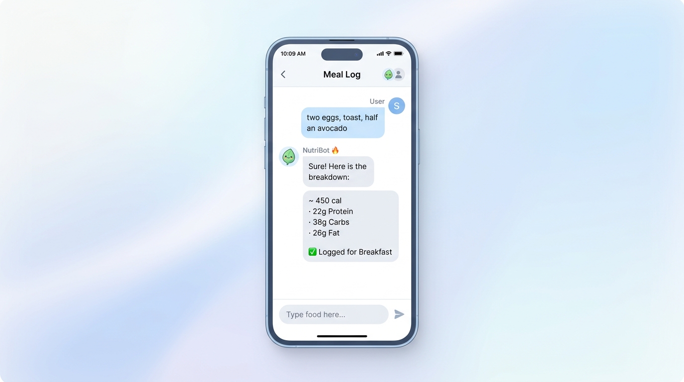 Example CalorieBot chat: a typed meal description becomes a structured macro breakdown in one reply.