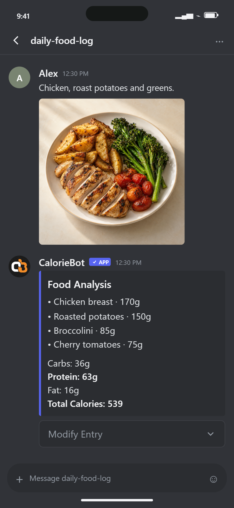 daily food log: a meal photograph followed by calorie and macro estimates.