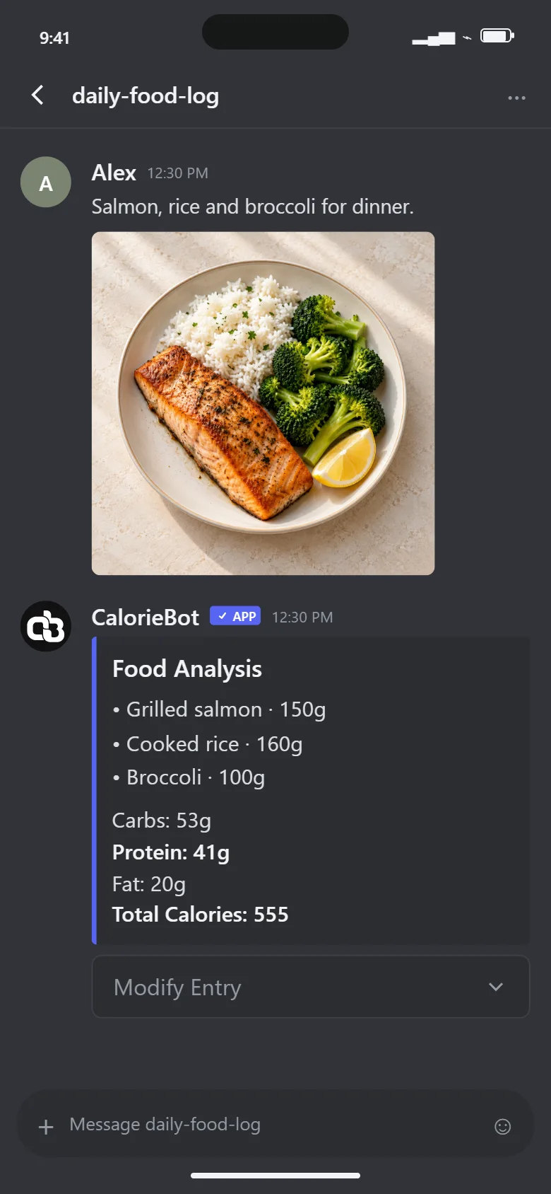 CalorieBot photo food log in Discord with calorie and macro estimates for salmon and rice.