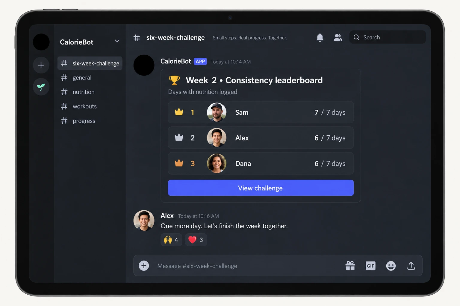 Discord challenge leaderboard showing how many days group members logged nutrition, with encouragement beneath it.