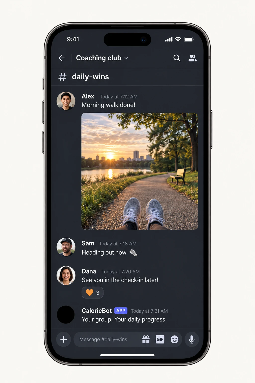 Discord community where members share their morning walk and encourage one another to join in.