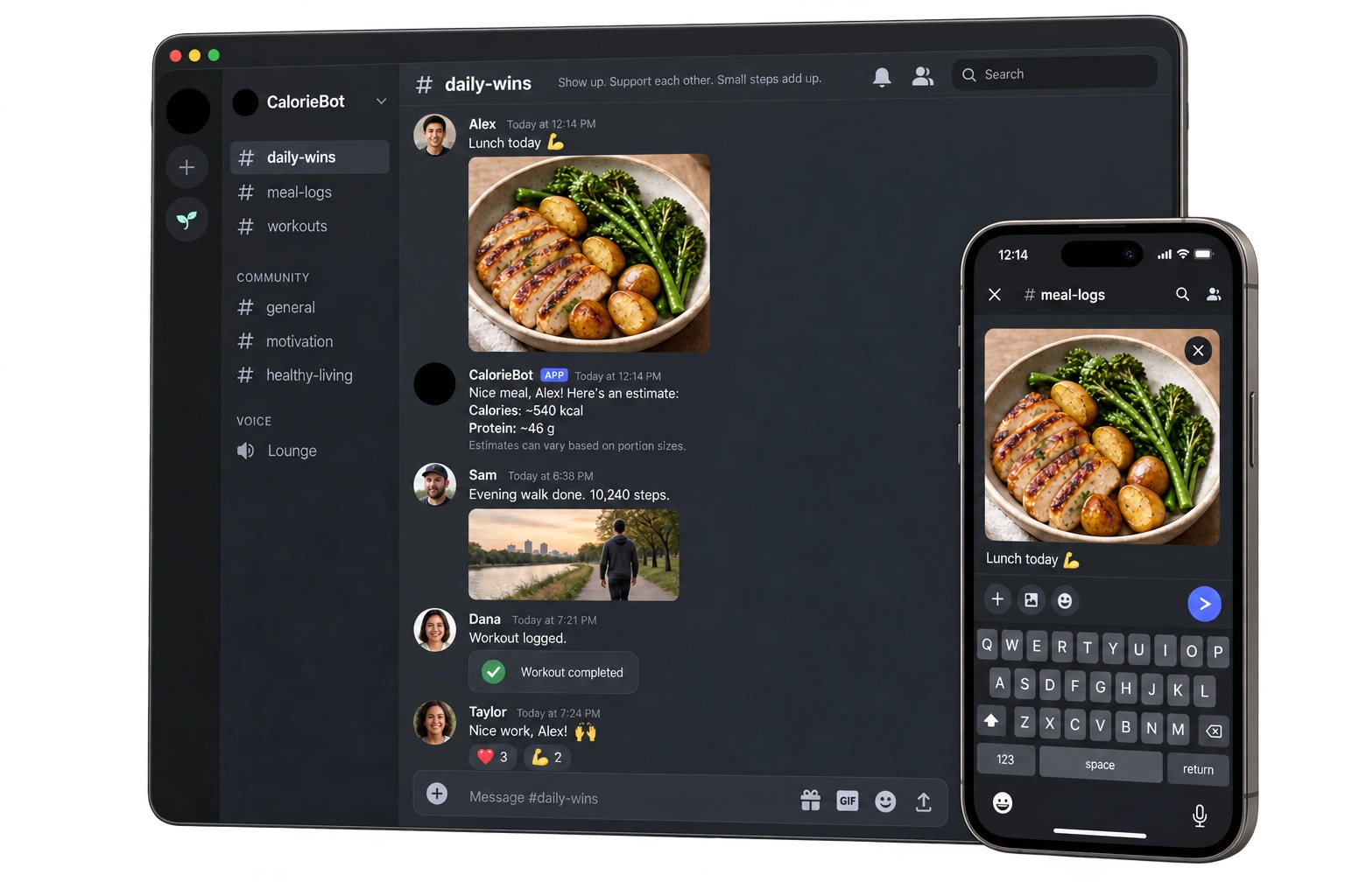 Discord community on a tablet with an overlapping phone: clients share meals, calorie estimates, steps, workouts and encouragement.