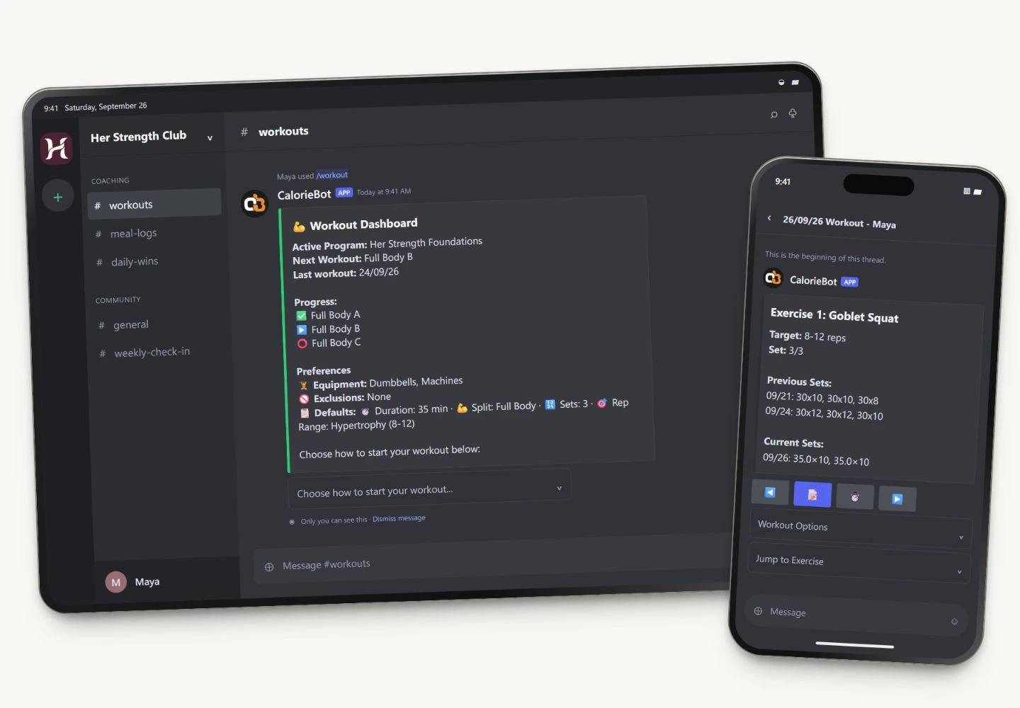CalorieBot's actual workout embed layout with example data: active program and next workout on a tablet, plus an exercise's previous and current sets on a phone.