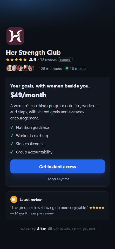 Commerce payment-page template for fictional Her Strength Club, showing sample member portraits, online count, ratings and a women's group-coaching offer.
