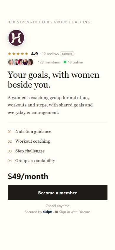 Letter payment-page template for fictional Her Strength Club, showing sample member portraits, online count, ratings and a women's group-coaching offer.