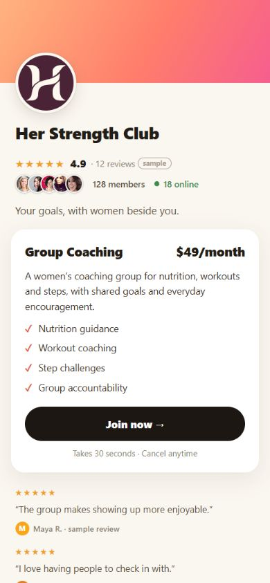 Her Strength Club's sample coaching payment page, using the real Storefront template.
