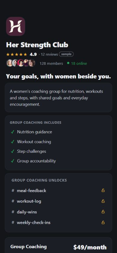 Unlock payment-page template for fictional Her Strength Club, showing sample member portraits, online count, ratings and a women's group-coaching offer.