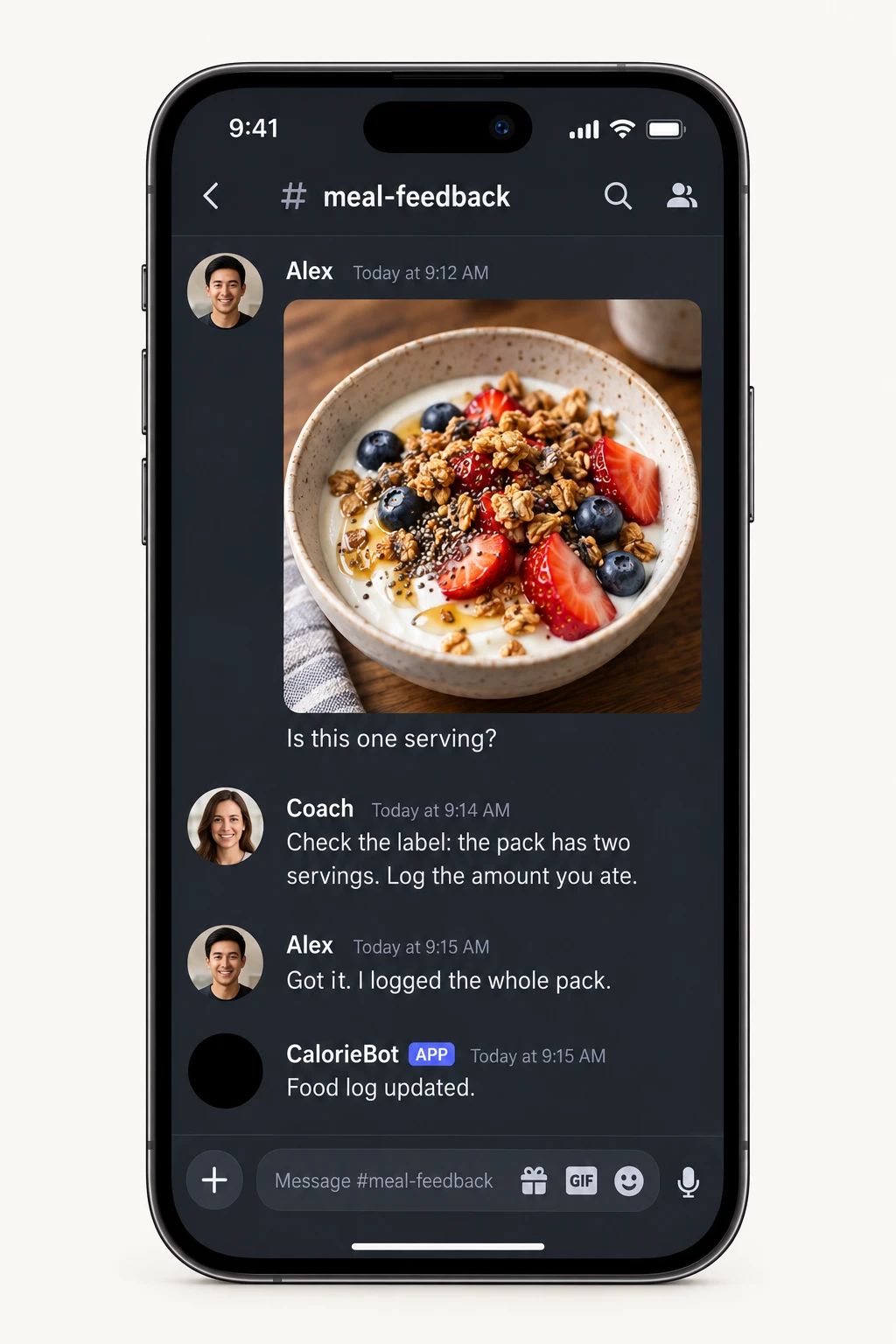 meal-feedback conversation: a coach helps Alex distinguish a serving from a whole pack and correct the food log.