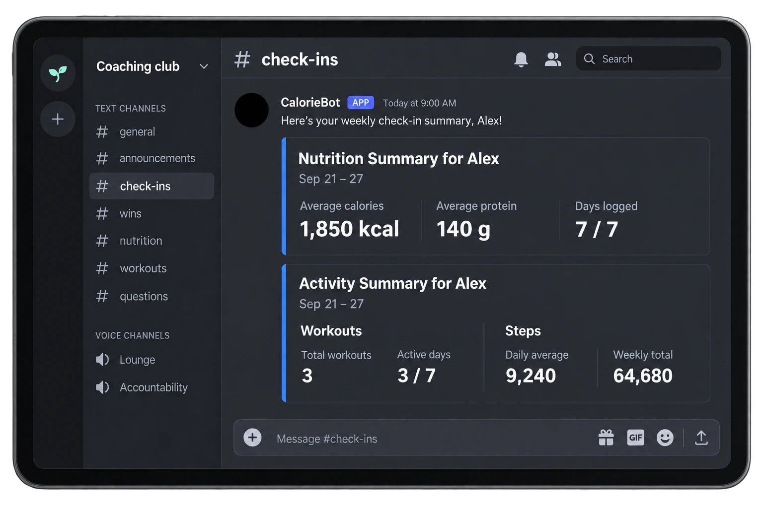 Discord check-in showing nutrition averages, workouts and steps together. Sample weekly values: 1,850 calories, 140 grams of protein, three workouts and 9,240 steps per day.